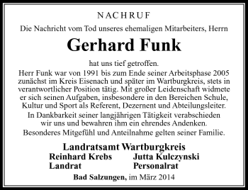 Traueranzeige von Gerhard Funk von Südthüringer Presse