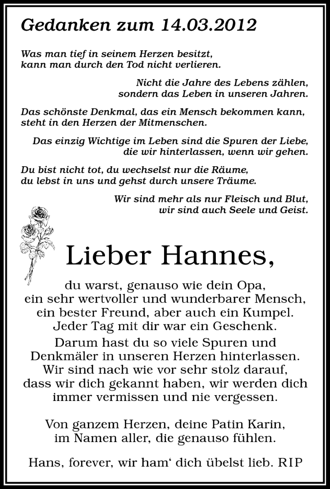  Traueranzeige für Hannes  vom 14.03.2014 aus Frankenpost