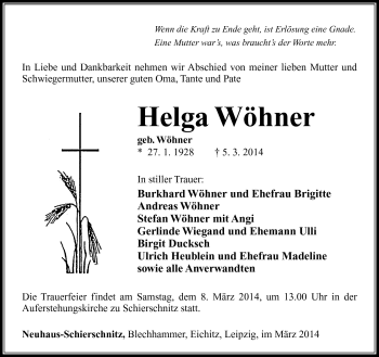 Traueranzeige von Helga Wöhner von Südthüringer Presse