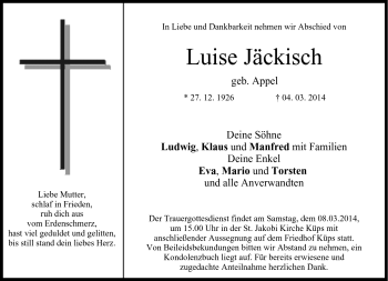 Traueranzeige von Luise Jäckisch von Neue Presse Coburg
