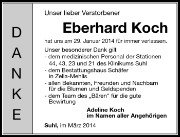 Traueranzeige von Eberhard Koch von Südthüringer Presse