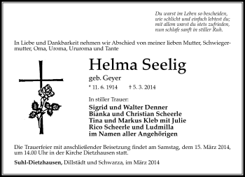 Traueranzeige von Helma Seelig von Südthüringer Presse