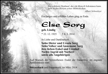 Traueranzeige von Else Sorg von Südthüringer Presse