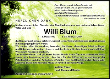 Traueranzeige von Willi Blum von Südthüringer Presse
