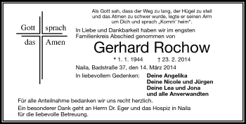 Traueranzeige von Gerhard Rochow von Frankenpost