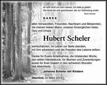 Traueranzeige von Hubert Scheler von Südthüringer Presse