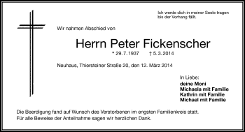 Traueranzeige von Peter Fickenscher von Frankenpost