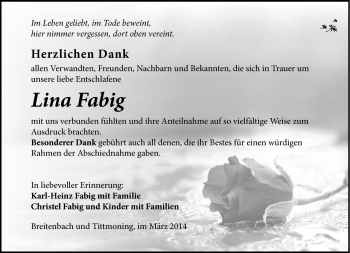 Traueranzeige von Lina Fabig von Südthüringer Presse