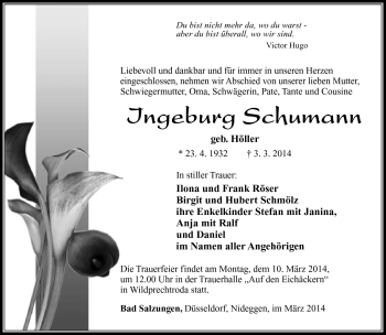 Traueranzeige von Ingeburg Schumann von Südthüringer Presse