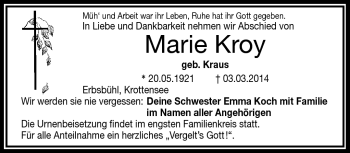 Traueranzeige von Marie Kroy von Frankenpost