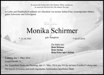 Traueranzeige von Monika Schirmer von Neue Presse Coburg