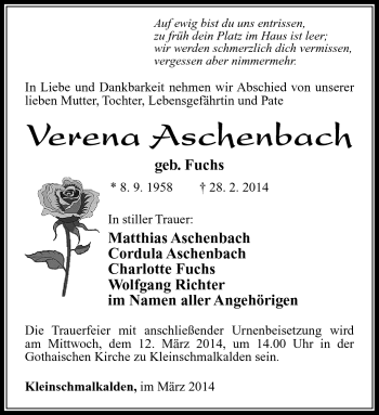 Traueranzeige von Verena Aschenbach von Südthüringer Presse