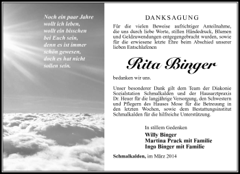 Traueranzeige von Rita Binger von Südthüringer Presse