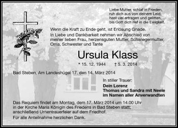 Traueranzeige von Ursula Klass von Frankenpost
