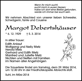 Traueranzeige von Margot Debertshäuser von Südthüringer Presse