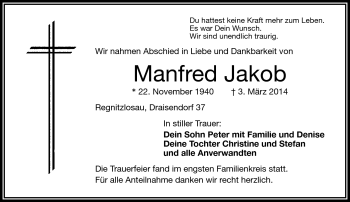 Traueranzeige von Manfred Jakob von Frankenpost