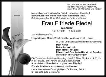 Traueranzeige von Elfriede Riedel von Frankenpost