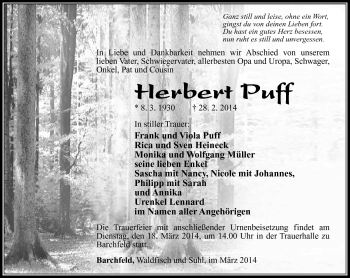 Traueranzeige von Herbert Puff von Südthüringer Presse