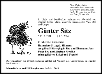 Traueranzeige von Günter Sitz von Südthüringer Presse