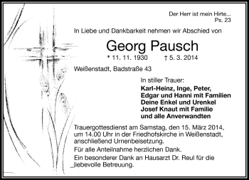 Traueranzeige von Georg Pausch von Frankenpost