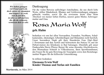 Traueranzeige von Rosa Maria Wolf von Südthüringer Presse