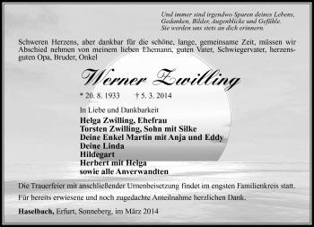 Traueranzeige von Werner Zwilling von Südthüringer Presse