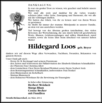 Traueranzeige von Hildegard Loos von Südthüringer Presse