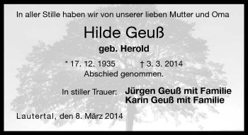 Traueranzeige von Hilde Geuß von Neue Presse Coburg