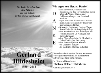 Traueranzeige von Gerhard Hildesheim von Südthüringer Presse