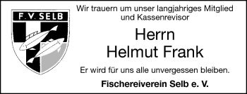 Traueranzeige von Helmut Frank von Frankenpost