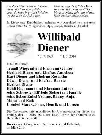 Traueranzeige von Willibald Diener von Südthüringer Presse