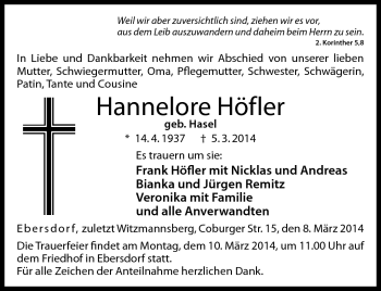 Traueranzeige von Hannelore Höfler von Neue Presse Coburg