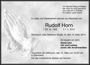 Traueranzeige von Rudolf Horn von Frankenpost