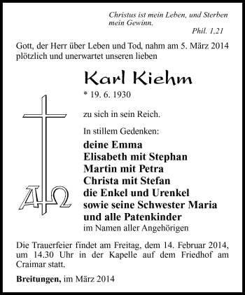Traueranzeige von Karl Kiehm von Südthüringer Presse