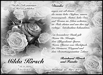 Traueranzeige von Milda Kirsch von Südthüringer Presse