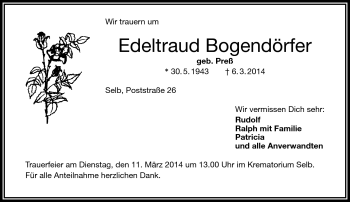 Traueranzeige von Edeltraud Bogendörfer von Frankenpost