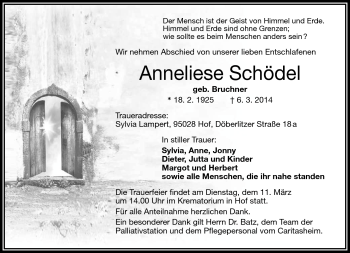 Traueranzeige von Anneliese Schödel von Frankenpost