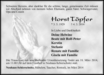 Traueranzeige von Horst Töpfer von Südthüringer Presse