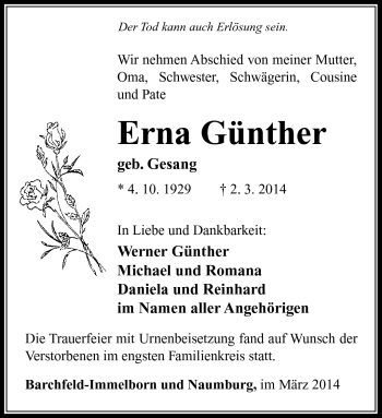 Traueranzeige von Erna Günther von Südthüringer Presse