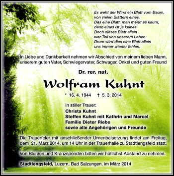 Traueranzeige von Wolfram Kuhnt von Südthüringer Presse