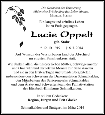 Traueranzeige von Lucie Oppelt von Südthüringer Presse