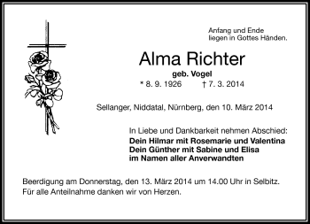 Traueranzeige von Alma Richter von Frankenpost