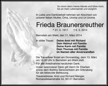 Traueranzeige von Frieda Braunersreuther von Frankenpost