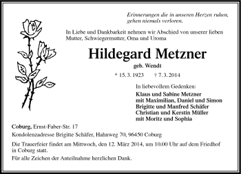 Traueranzeige von Hildegard Metzner von Neue Presse Coburg
