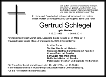 Traueranzeige von Gertrud Schlegel von Frankenpost