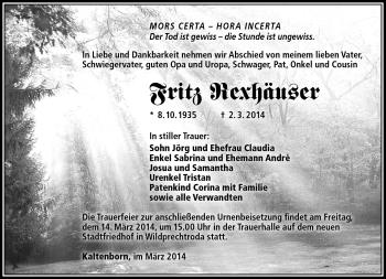 Traueranzeige von Fritz Rexhäuser von Südthüringer Presse