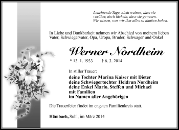 Traueranzeige von Werner Nordheim von Südthüringer Presse