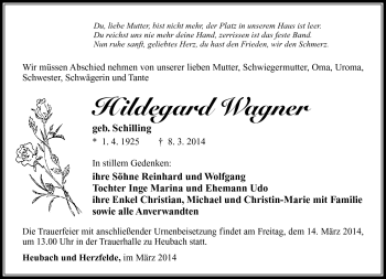 Traueranzeige von Hildegard Wagner von Südthüringer Presse