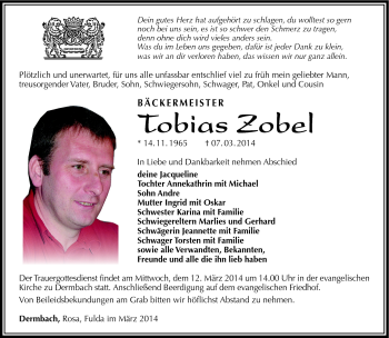 Traueranzeige von Tobias Zobel von Südthüringer Presse