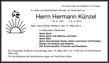 Traueranzeige von Hermann Künzel von Frankenpost